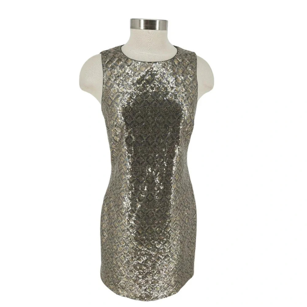 Banana Republic Sheath Holiday Mini Dress Gold Silver Sequin Sleeveless Zip